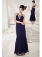 Affordable Navy Blue Column Evening Dress V-neck Chiffon Beading Ankle-length