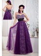 Affordable Purple Empire Prom Dress Sweetheart Tulle and Leopard Beading and Bow Floor-length