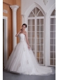 Custom Made A-line Strapless Wedding Dress Taffeta and Organza Appliques Chapel Train