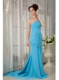 Custom Made Aqua Blue Empire One Shoulder Prom / Evening Dress Chiffon Ruch Brush Train
