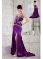 Custom Made Eggplant Purple Empire Evening Dress One Shoulder Taffeta Beading Brush Train