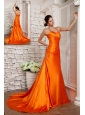 Customize Orange Red A-line Straps Prom / Evening Dress Elastic Woven Satin Beading Brush Train