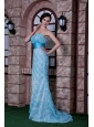 Cute Aqua Blue Column Prom Dress Sweetheart Fabric With Rolling Flowers Brush Train