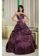 Dark Purple A-line / Princess Strapless Cute Quinceanera Dress Taffeta Appliques Floor-length