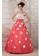 Discount Watermelon A-line Prom Dress Strapless Appliques Floor-length Taffeta