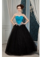 Inexpensive Blue and Black Prom Dress A-line Sweetheart  Beading Floor-length Organza and Tulle