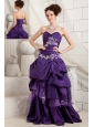 Sexy Purple A-line Prom Dress Sweetheart Appliques Brush Train Taffeta and Organza