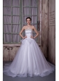 Simple A-line Strapless Wedding Dress Beading Satin and Tulle Chapel Train