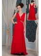 Sweet Red Column Prom Dress V-neck Beading Brush Train Chiffon
