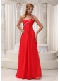 Beaded Decorate One Shoulder Red Chiffon Floor-length For 2013 Prom Dress