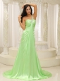 Beaded Decorate One Shoulder Ruched Bodice For Yellow Green 2013 Plus Size Prom Dress