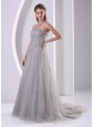 Grey Tulle A-line Strapless Beaded Simple Plus Size Prom Dress With Sweep Train