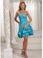 A-line Strapless Beaded Decorate Bust With Pick-ups Prom Dress Turquoise Blue Taffeta