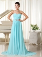 Aqua Blue Ruches Bodice Elegant Prom Dress Chiffon Brush Train For Custom Made