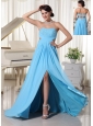 Aqua Blue Sweetheart High Slit Beaded Decorate Bust Prom Dress For Custom Made Chiffon Brush Train
