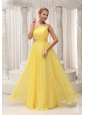 Beaded Decorate One Shoulder and Waist Ruched Bodice Yellow Chiffon Custom Made Floor-length Prom / Evening Dress For 2013