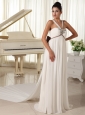 Beaded Decorate Straps Watteau Train White Beading Beautiful Beach Wedding Dress Bowknot
