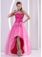 High-low Hot Pink Seqinces Decorate Hand Made Flower Prom Celebrity Dress With Organza