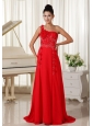 Red Evening Dress One Shoulder With Hand Made Flowers Beaded and Ruched Bodice