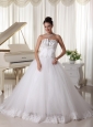 Satin and Tulle Strapless Beaded Decorate Up Bodice Wedding Dress Bridal Gown With Bowknot Back Sweep Train