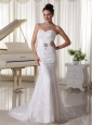 Sweetheart Court Train Sheath Wedding Gowns With Beading Over Bodice Lace and Elastic Woven Satin