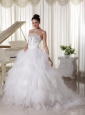 Tulle Ruffles Popular Wedding Dress A-line Strapless Sweep Brush Beaded Decorate Up Bodice