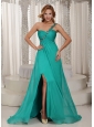 Turquoise One Shoulder High Slit Ruched Prom Graduation Dress With Beading In New York