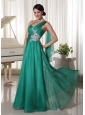 Turquoise One Shoulder Appliques and Ruch Decorate Bust Chiffon Prom Dress For Formal Evening