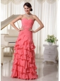 Watermelon Red Chiffon Layered Column Prom Dress With Sweetheart Ruched Up Bodice and Beading Decorate Waist