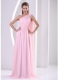 Discount One Shoulder Watteau Train Ruched Bodice 2013 Bridesmaid Dress Baby Pink Chiffon
