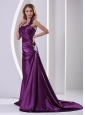 Eggplant Purple One Shoulder Mother Of The Bride Dress With Ruch and Appliques Court Train Elastic Woven Satin