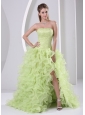 High Slit Beaded and Ruffled Yellow Green Brush Train Dama Dresses for Quinceanera Satin and Organza