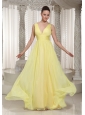Light Yellow V-neck Chiffon Long Homecoming Dress 2013 Party Style