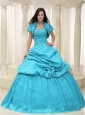 Teal Taffeta Sweetheart Appliques Lace Up For Quinceanera Dress
