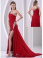 Wine Red High Slit Beaded Decorate One Shoulder and Hip Column Chiffon Prom / Evening Dress For Formal Evening Brush Train