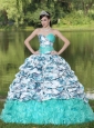 Colorful Printing and Organza Beaded Decorate Waist Pick-ups and Ruffles Brush Train Lovely Style For 2013 Quinceanera Dress