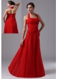Halter and Ruched Bodice For 2013 Red Prom Dress In Borrego Springs California With Hand Made Flowers
