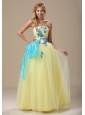 Light Yellow Appliques and Ruched Bodice For 2013 Prom Dress In Denver With Sash