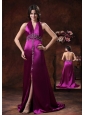 2013 New Style Hot In Willcox Arizona High Slit Prom Dress With Fushsia Haler Brush Train Beaded Decorate On Satin