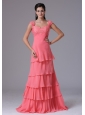 2013 Watermelon Ruffled Layers Square Column Stylish Prom Dress With Appliques In Brookfield Connecticut