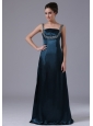 Beaded Decorate Shoulder Straps Taffeta Navy Blue Floor-length Prom Dress