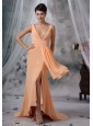 Clive Iowa Sexy High Slit 2013 Prom / Evening Dress Light Orange High-low V-neck