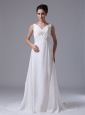 Empire Beaded Decorate Waist Beach Wedding Dress For 2013 V-Neck Chiffon Court Train