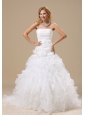 Exclusive Style Ruffles Decorate Bodice Hand Made Flowers A-line Court Train Organza 2013 Wedding Dress