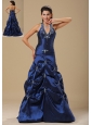 Navy Blue and Appliques Decorate Halter For Prom Dress In Topeka Topeka