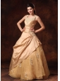 Scoop Champagne Appliques Taffeta And Organza Floor-length Custom Made Prom Dress