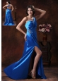 Tempe Arizona Shy Blue High Slit One Shoulder Prom Dress With Beaded Decorate Waist On Elastic Woven Satin
