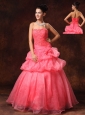 Watermelon Red Hand Made Flowers And Appliques A-line Strapless Organza 2013 New Arrival Prom Gowns For Custom Made