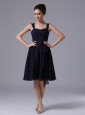 A-Line Navy Blue Straps Chiffon Knee-length Bridesmaid Dress Ruched