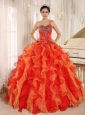 Custom Made Orange Red One Shoulder Beaded Decorate  Ruffles Mendoza Quinceanera Dress In Spring